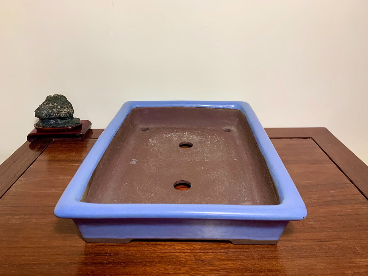 Matsuizan Aki Blue Kinyo Glaze Outer Rim Cut Standing Rectangular Japanese Flower Pot