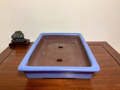 Matsuizan Aki Blue Kinyo Glaze Outer Rim Cut Standing Rectangular Japanese Flower Pot