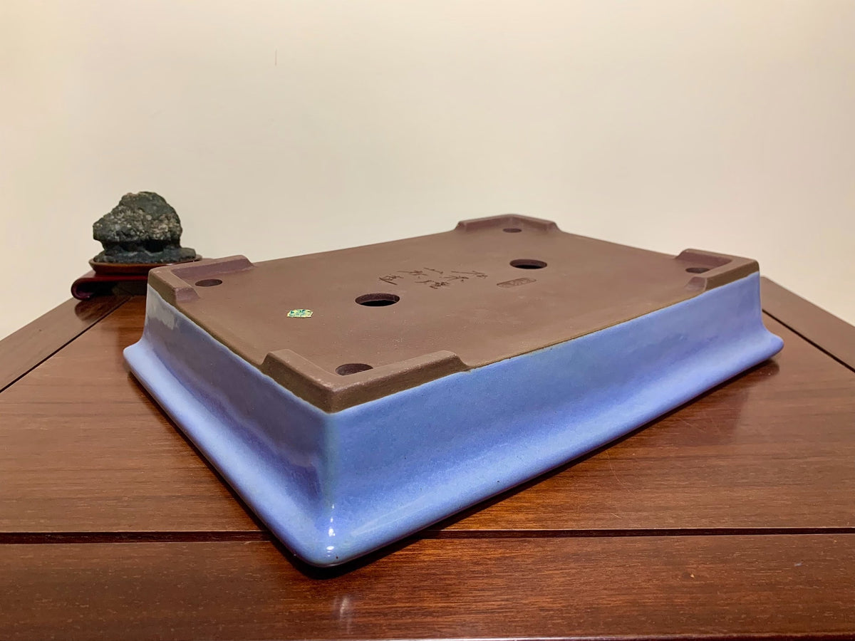 Matsuizan Aki Blue Kinyo Glaze Outer Rim Cut Standing Rectangular Japanese Flower Pot