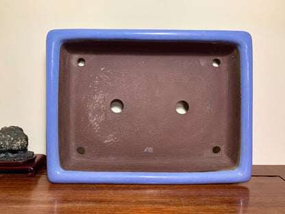 Matsuizan Aki Blue Kinyo Glaze Outer Rim Cut Standing Rectangular Japanese Flower Pot