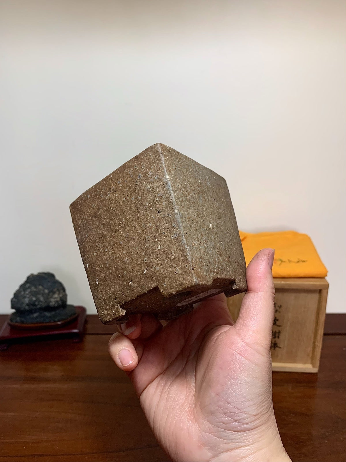 Hikoyama Jin Hand-Pinched Pear-Skin Textured Square Cylindrical Japanese Bonsai Pot