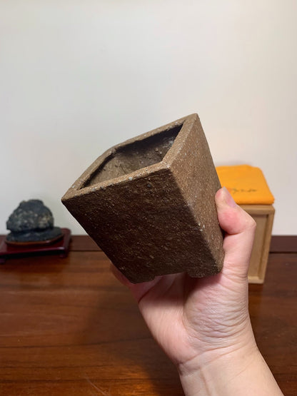 Hikoyama Jin Hand-Pinched Pear-Skin Textured Square Cylindrical Japanese Bonsai Pot