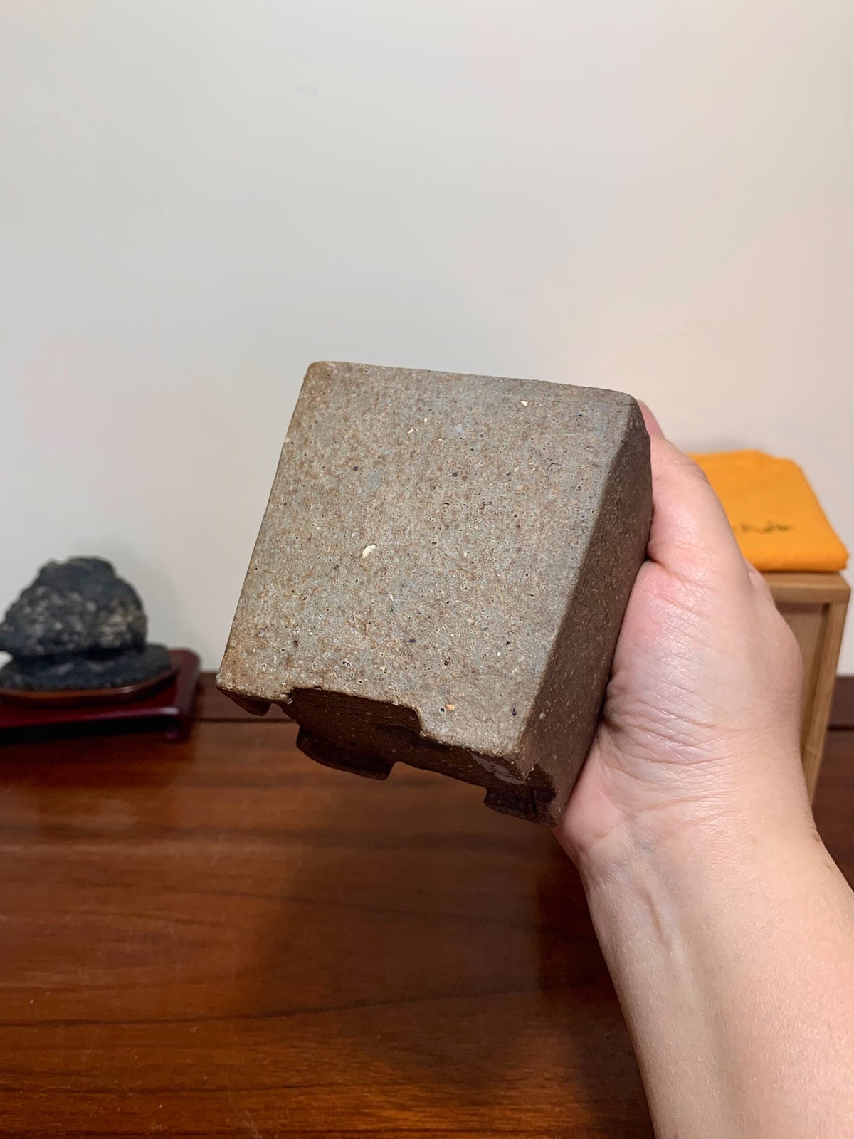 Hikoyama Jin Hand-Pinched Pear-Skin Textured Square Cylindrical Japanese Bonsai Pot