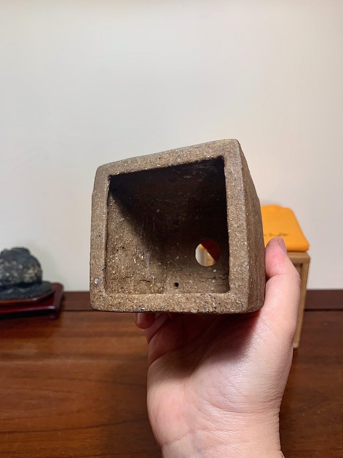 Hikoyama Jin Hand-Pinched Pear-Skin Textured Square Cylindrical Japanese Bonsai Pot