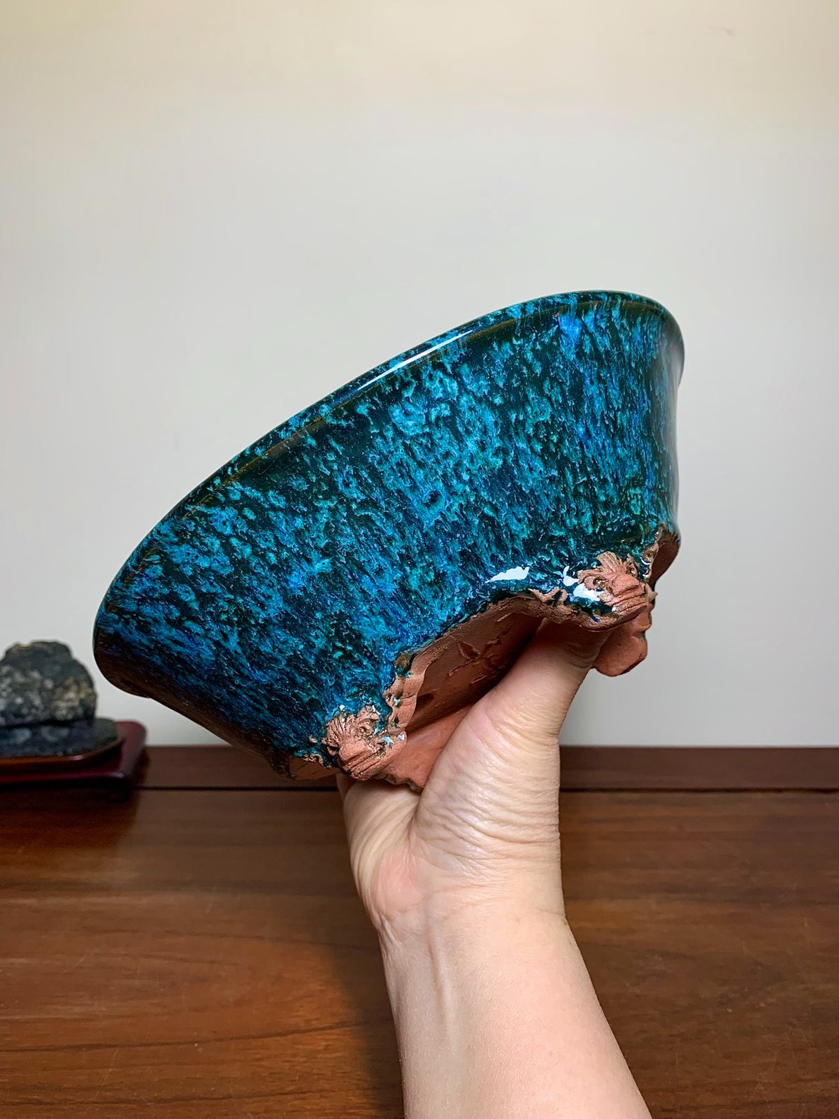 Cloud-Footed Outer-Rim Kiln-Transmuted Oval Japanese Bonsai Pot by Shuufu