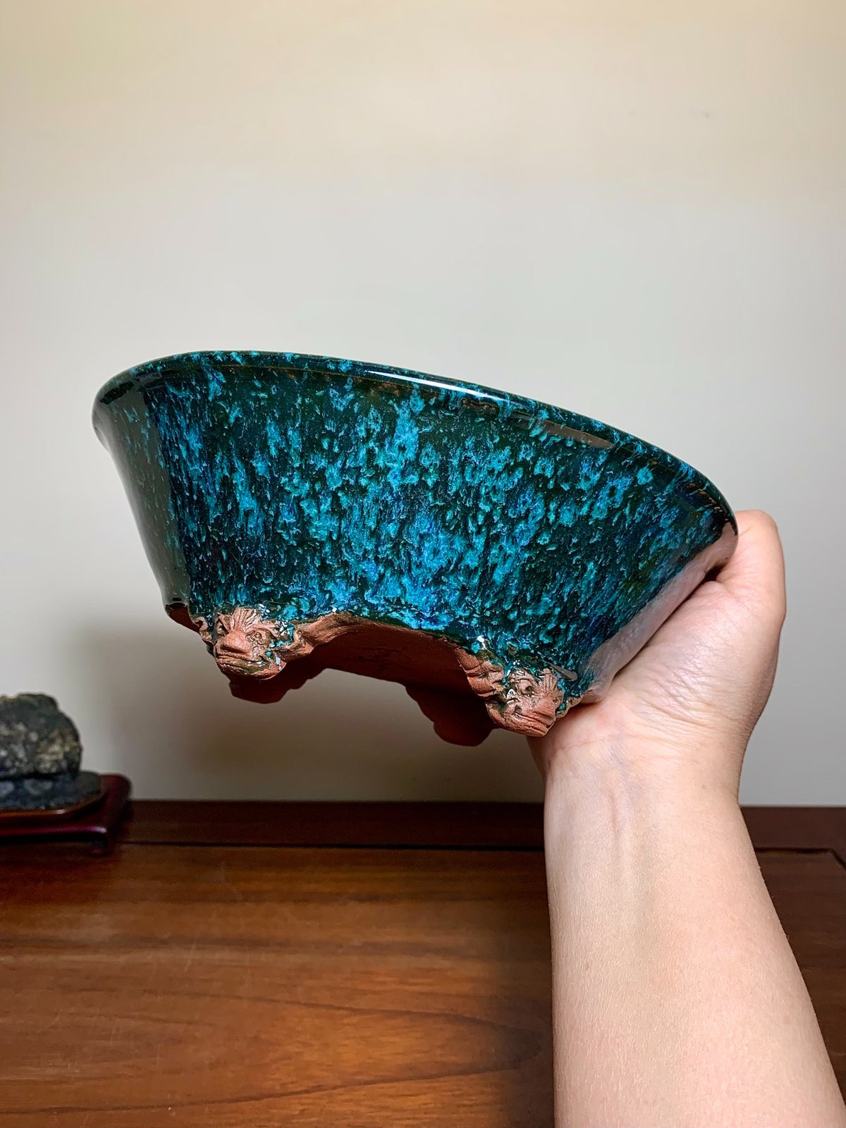 Cloud-Footed Outer-Rim Kiln-Transmuted Oval Japanese Bonsai Pot by Shuufu
