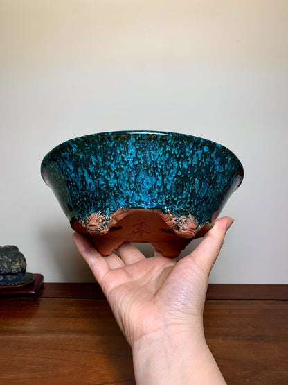 Cloud-Footed Outer-Rim Kiln-Transmuted Oval Japanese Bonsai Pot by Shuufu