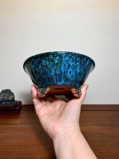 Cloud-Footed Outer-Rim Kiln-Transmuted Oval Japanese Bonsai Pot by Shuufu