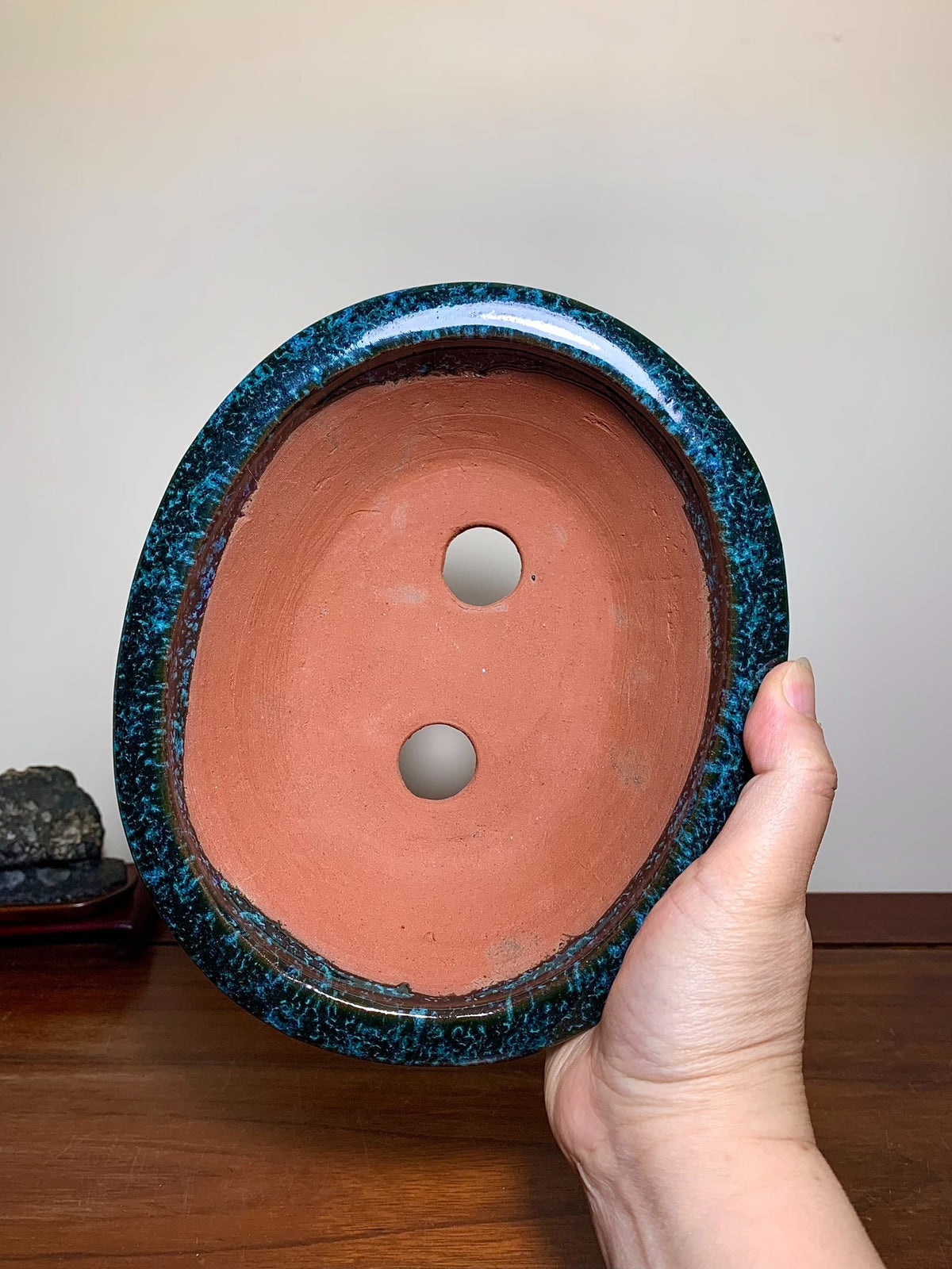 Cloud-Footed Outer-Rim Kiln-Transmuted Oval Japanese Bonsai Pot by Shuufu