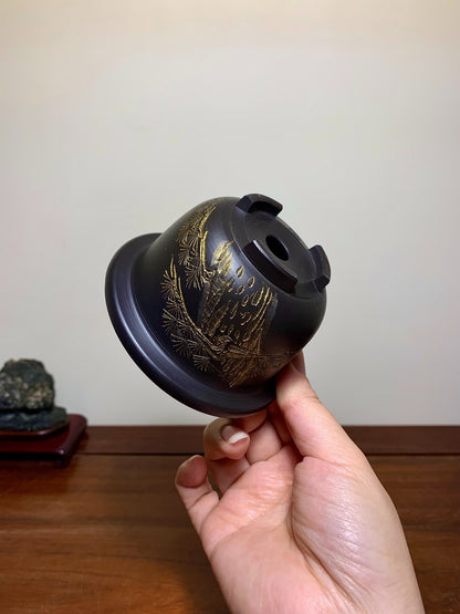 Black Clay Incised Relief Round Pot by Ei-Yaki