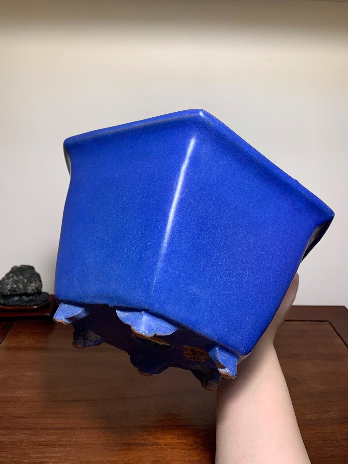 Ruri Kinyo Glaze Hexagonal Large Conical Japanese Pot by Shuufu