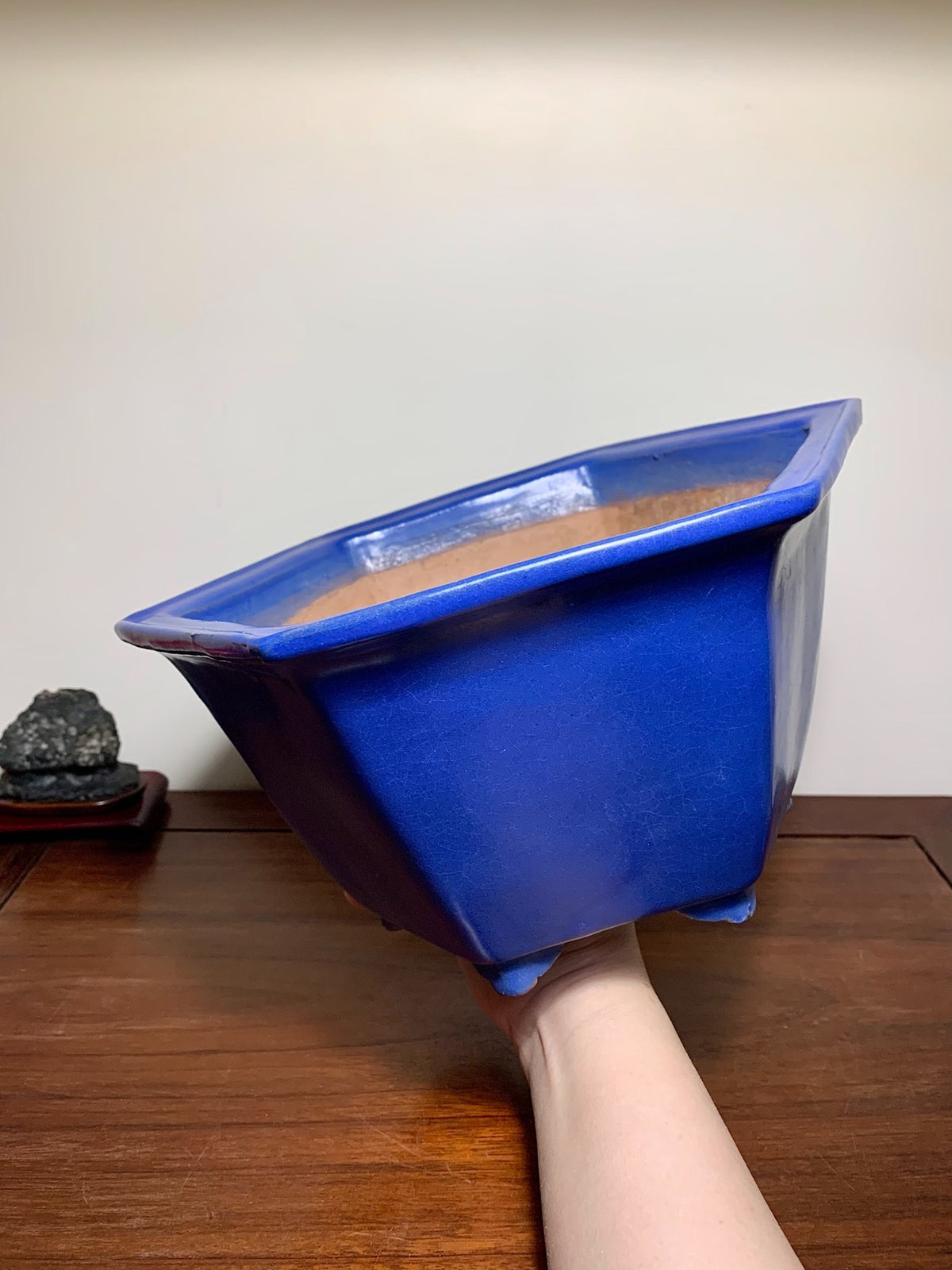 Ruri Kinyo Glaze Hexagonal Large Conical Japanese Pot by Shuufu