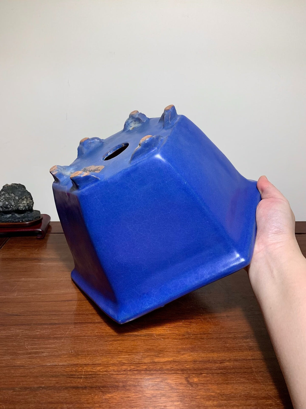 Ruri Kinyo Glaze Hexagonal Large Conical Japanese Pot by Shuufu