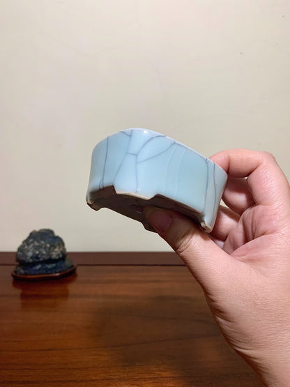 Imaoka Chōsō Blue-Glazed Large Inserted Rectangular Japanese Flower Pot
