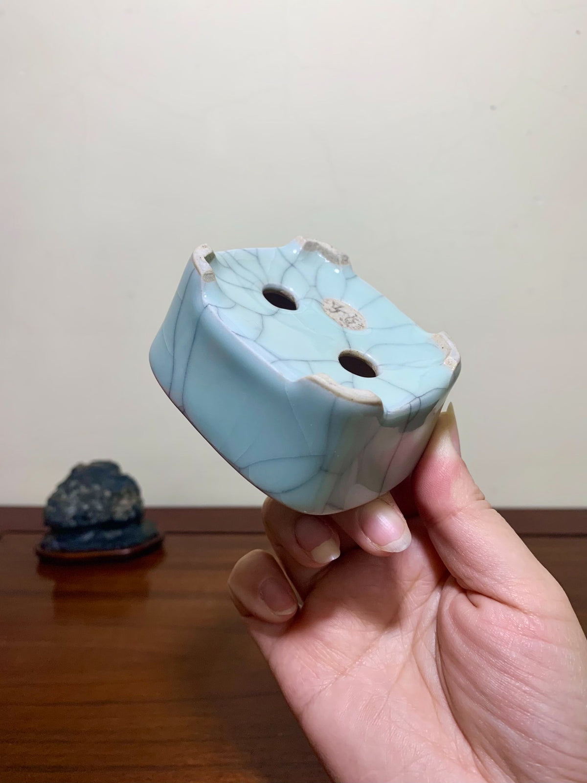 Imaoka Chōsō Blue-Glazed Large Inserted Rectangular Japanese Flower Pot