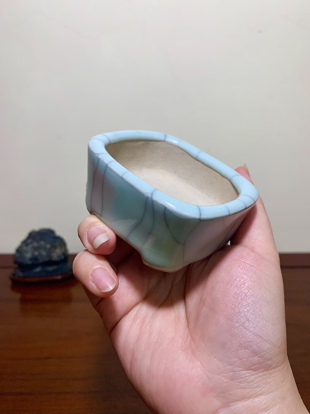 Imaoka Chōsō Blue-Glazed Large Inserted Rectangular Japanese Flower Pot