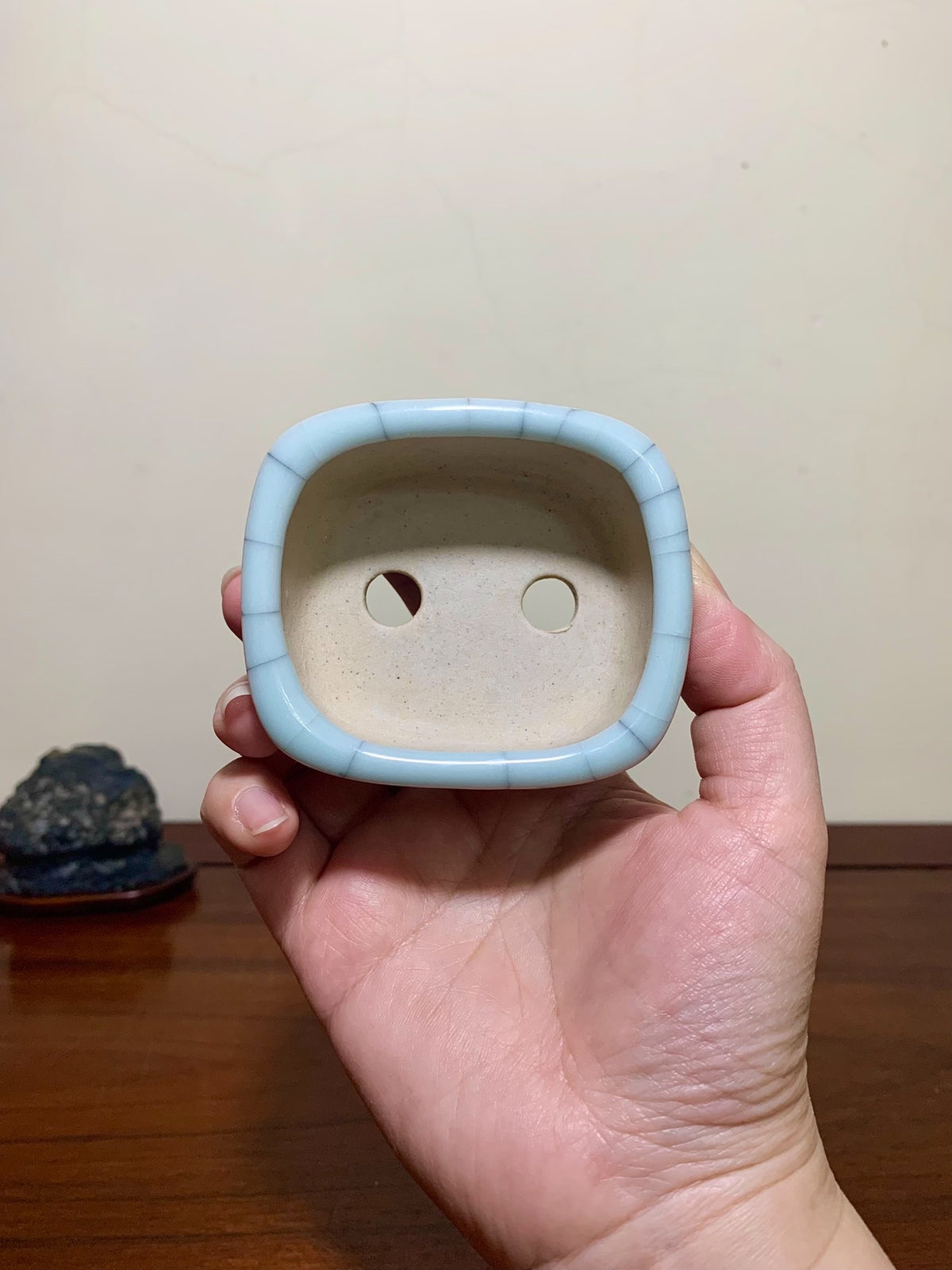 Imaoka Chōsō Blue-Glazed Large Inserted Rectangular Japanese Flower Pot