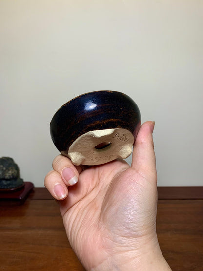 Tenmoku Glaze Three-Footed Round Pot by Mitsuyama