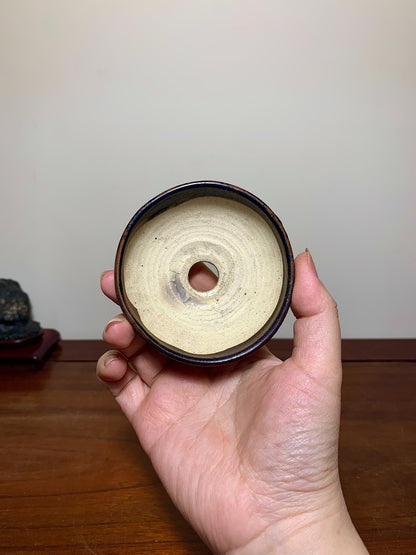 Tenmoku Glaze Three-Footed Round Pot by Mitsuyama