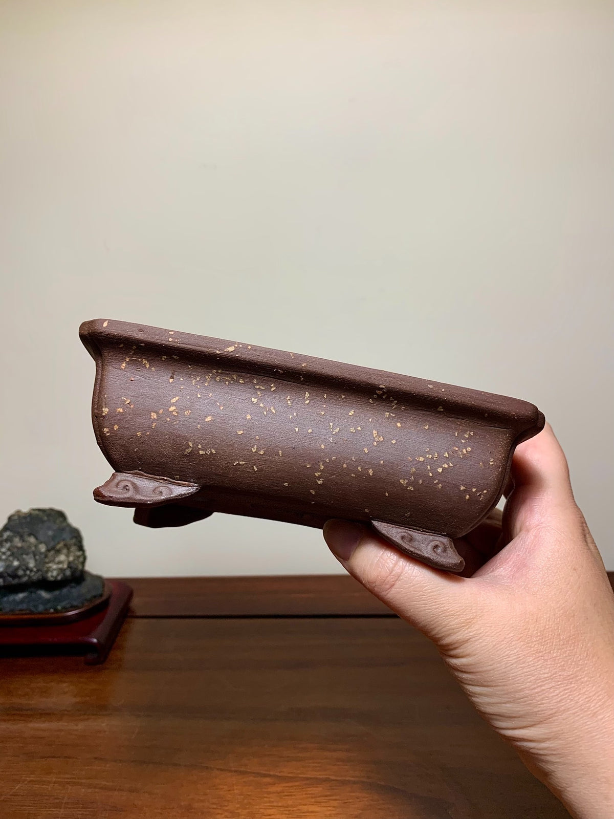 Pear-Skin Textured Outer Rim Cloud Feet Corner-Inserted Rectangular Japanese Bonsai Pot by Heian Kōsen