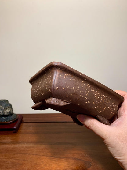 Pear-Skin Textured Outer Rim Cloud Feet Corner-Inserted Rectangular Japanese Bonsai Pot by Heian Kōsen