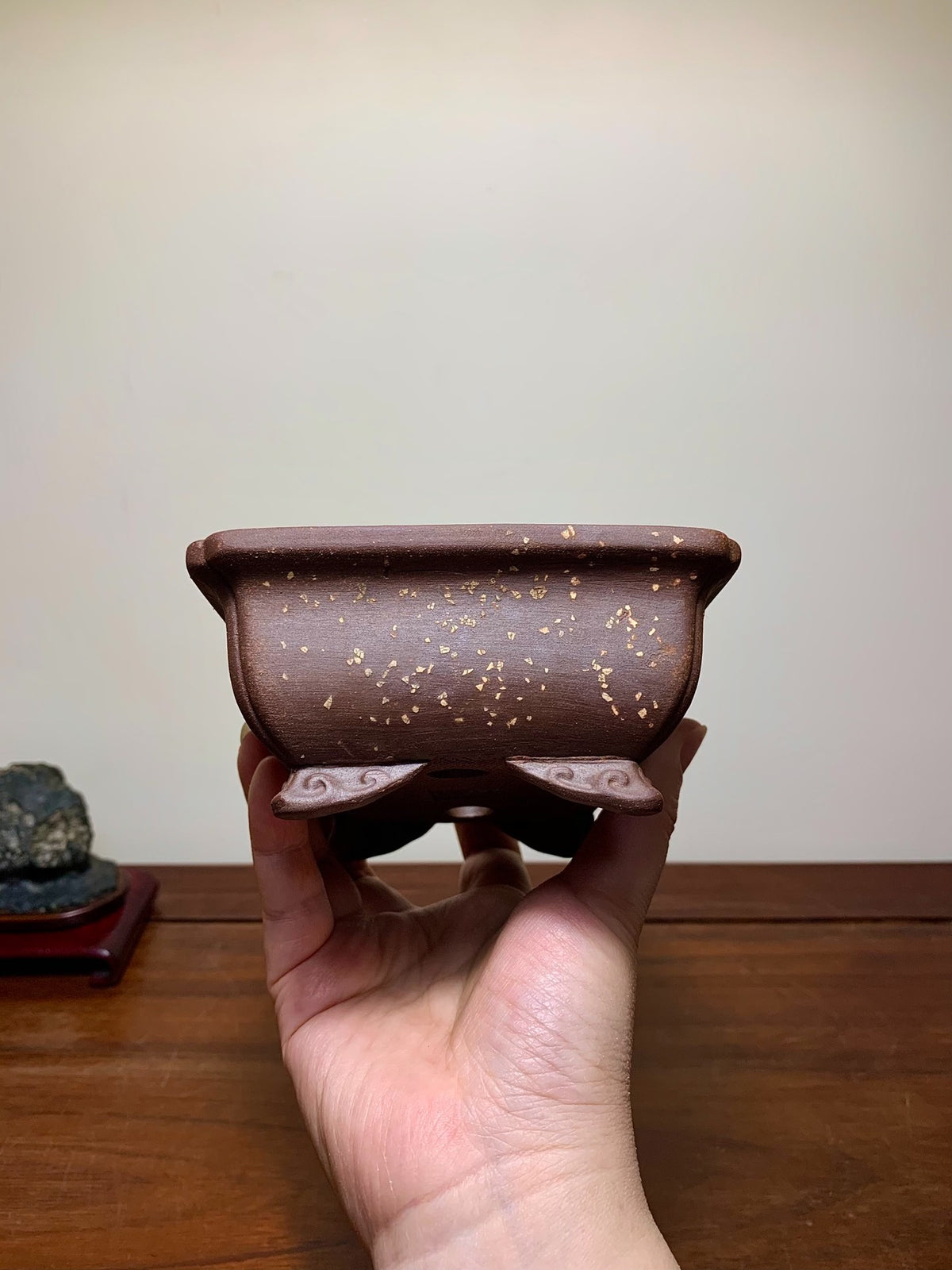 Pear-Skin Textured Outer Rim Cloud Feet Corner-Inserted Rectangular Japanese Bonsai Pot by Heian Kōsen
