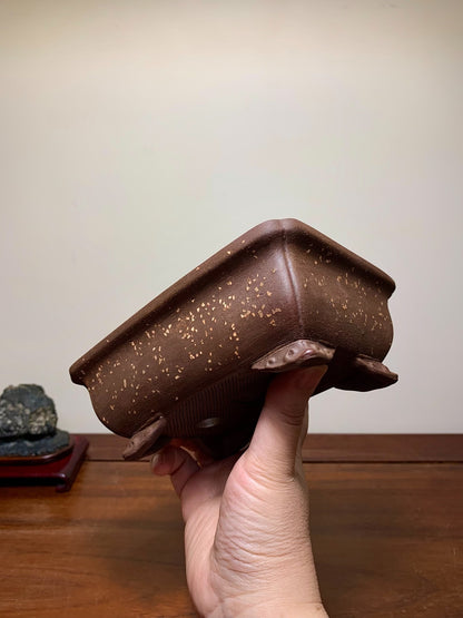 Pear-Skin Textured Outer Rim Cloud Feet Corner-Inserted Rectangular Japanese Bonsai Pot by Heian Kōsen