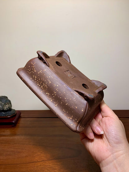 Pear-Skin Textured Outer Rim Cloud Feet Corner-Inserted Rectangular Japanese Bonsai Pot by Heian Kōsen