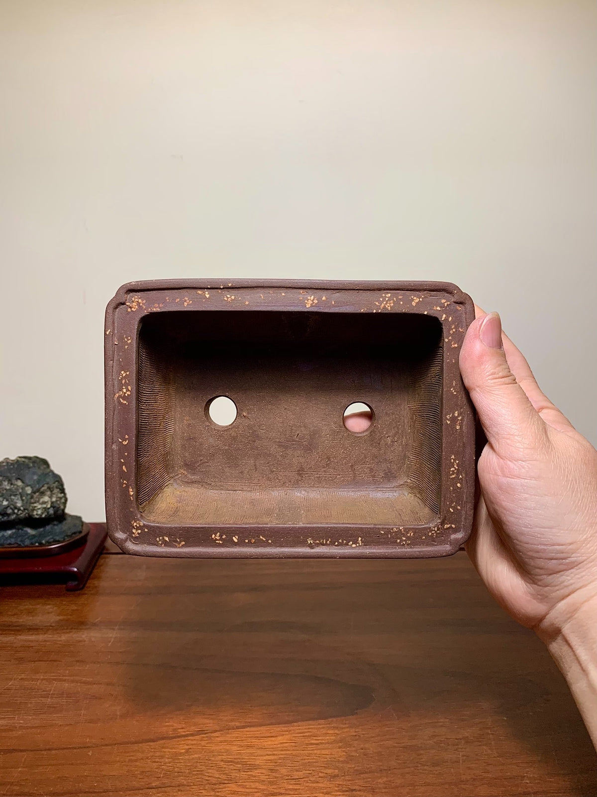 Pear-Skin Textured Outer Rim Cloud Feet Corner-Inserted Rectangular Japanese Bonsai Pot by Heian Kōsen