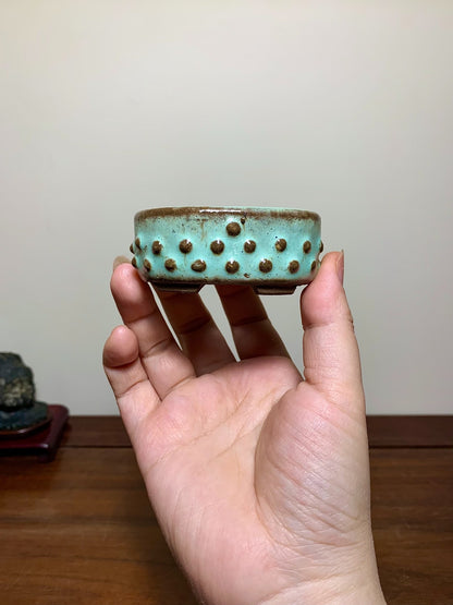 Green Glaze Studded Small Oval Japanese Bonsai Pot by Shuufu