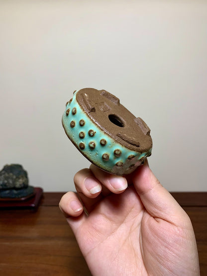 Green Glaze Studded Small Oval Japanese Bonsai Pot by Shuufu