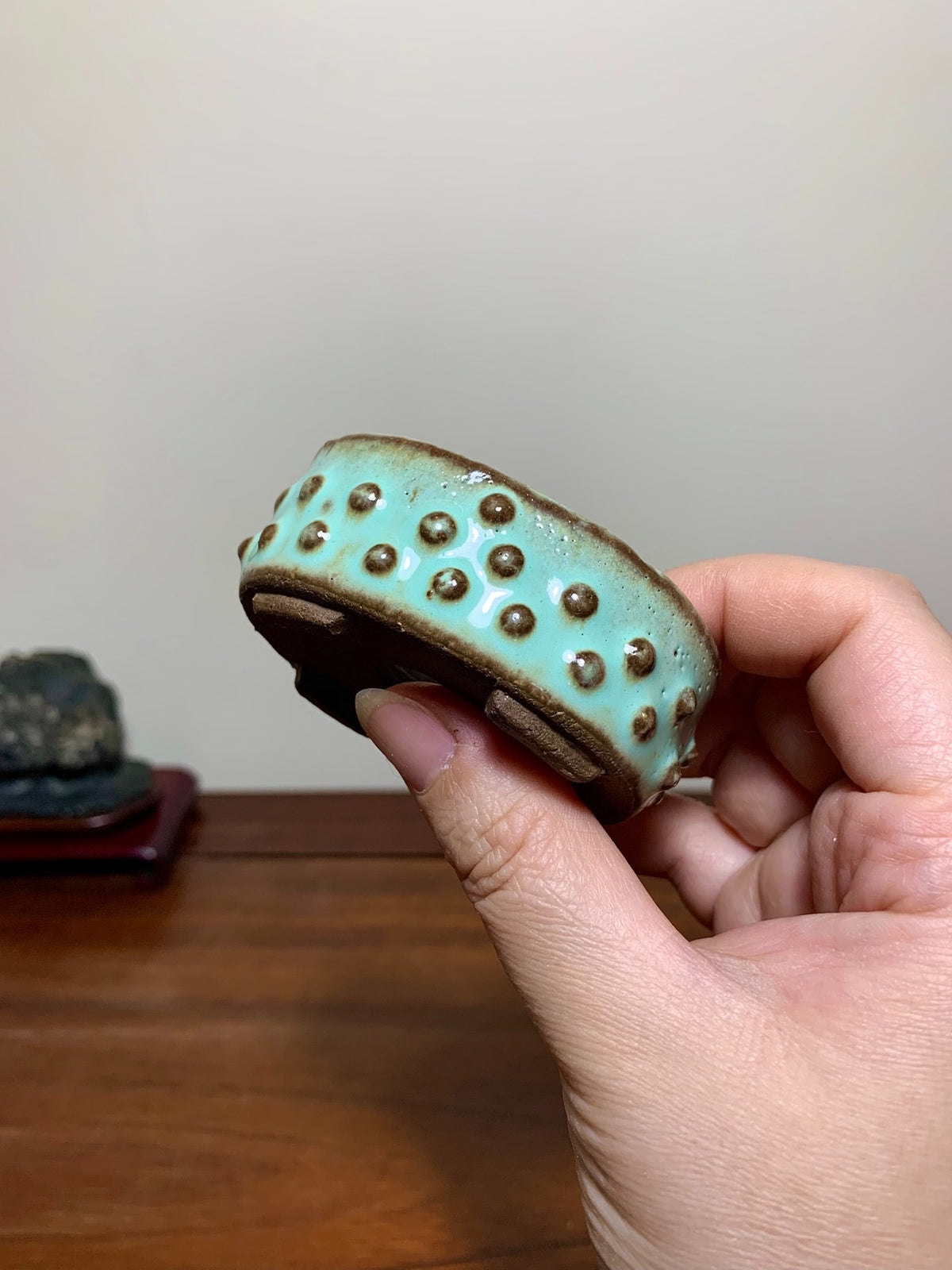 Green Glaze Studded Small Oval Japanese Bonsai Pot by Shuufu