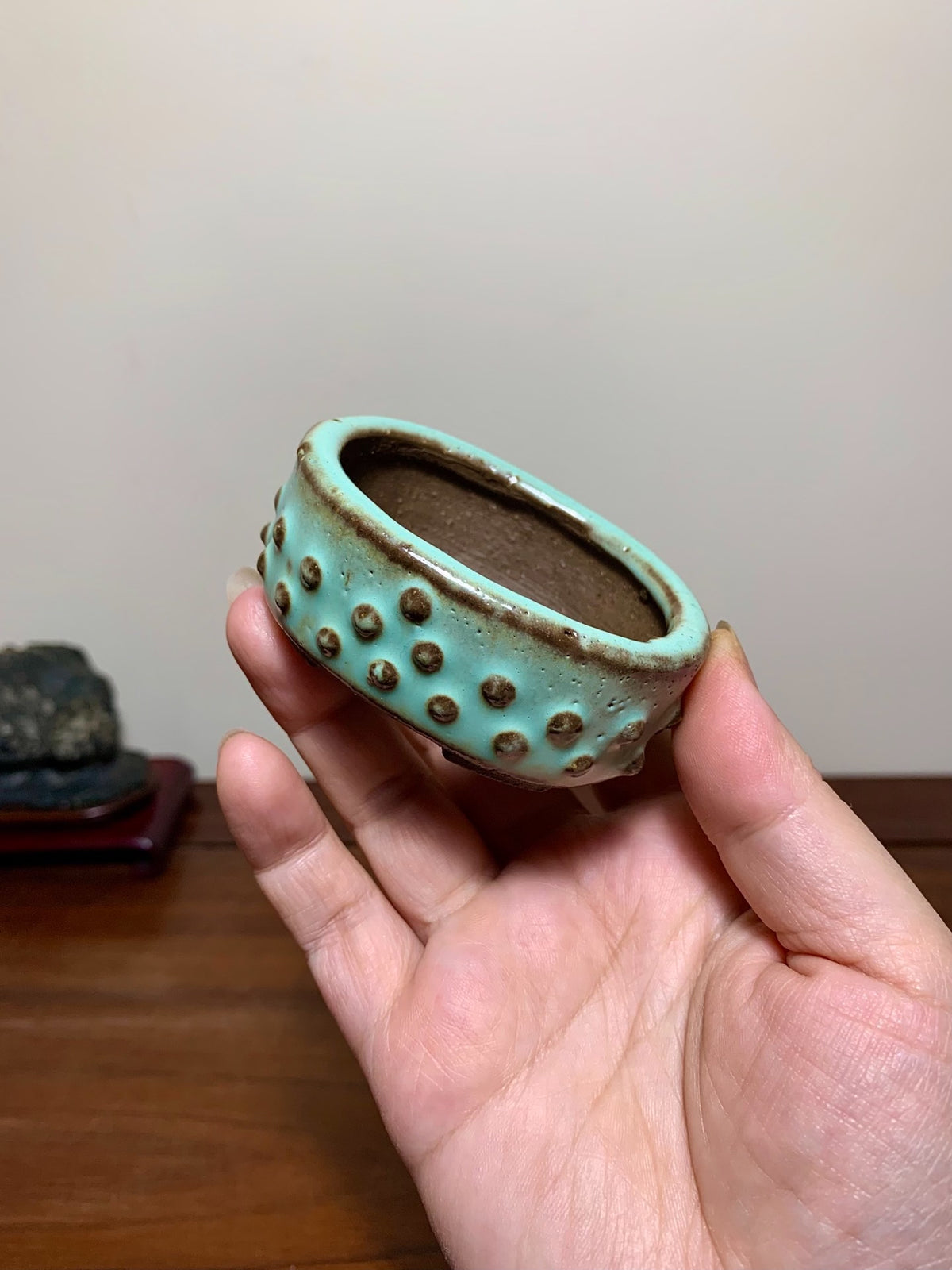 Green Glaze Studded Small Oval Japanese Bonsai Pot by Shuufu