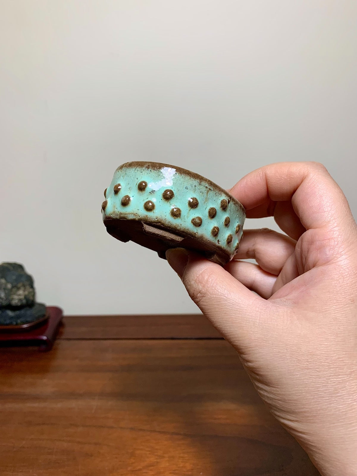 Green Glaze Studded Small Oval Japanese Bonsai Pot by Shuufu