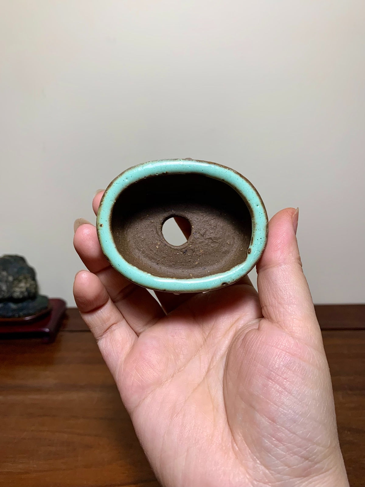 Green Glaze Studded Small Oval Japanese Bonsai Pot by Shuufu