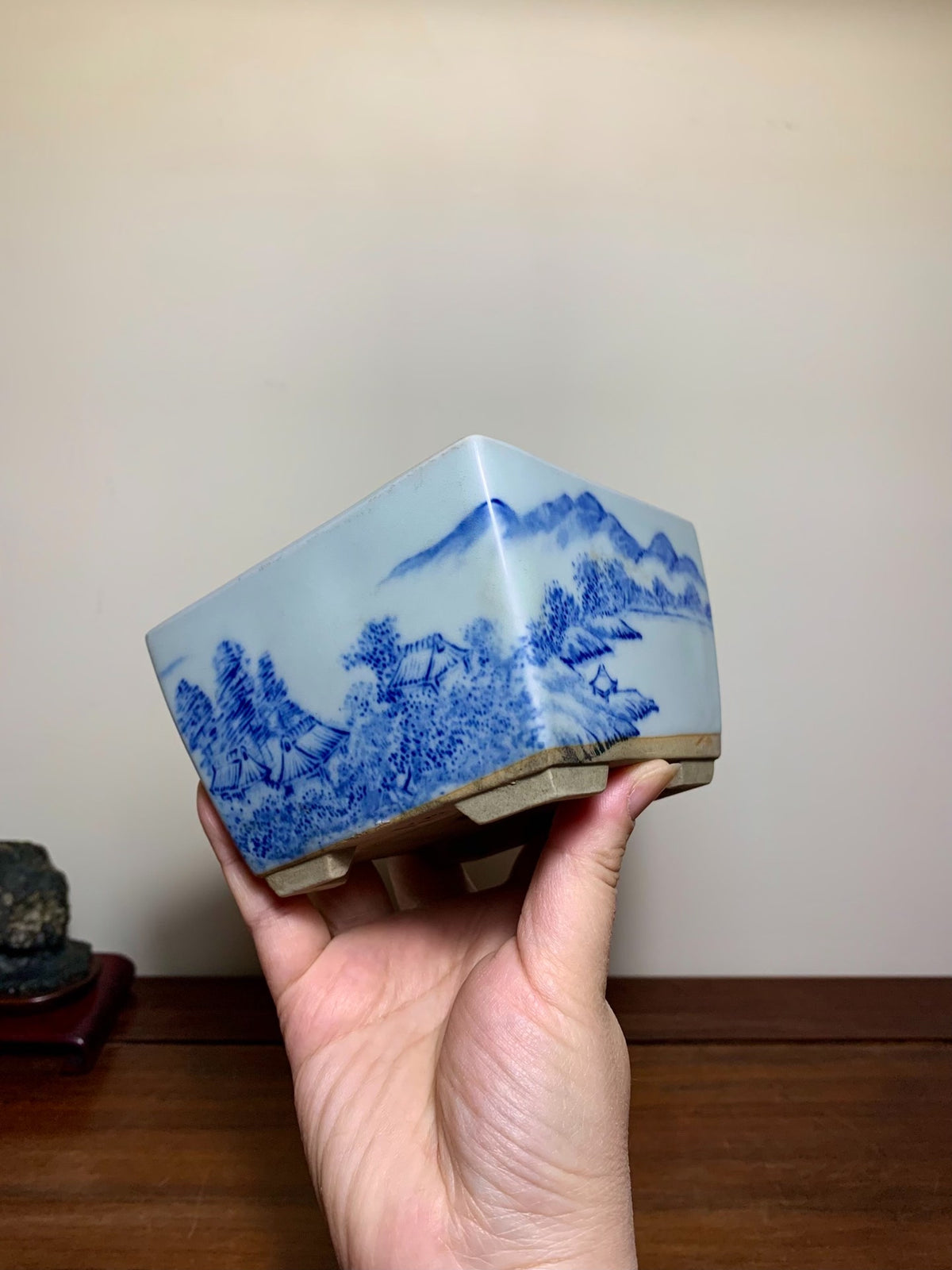 Blue-And-White Painted Landscape, Square Japanese Pot by Marutou