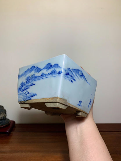 Blue-And-White Painted Landscape, Square Japanese Pot by Marutou