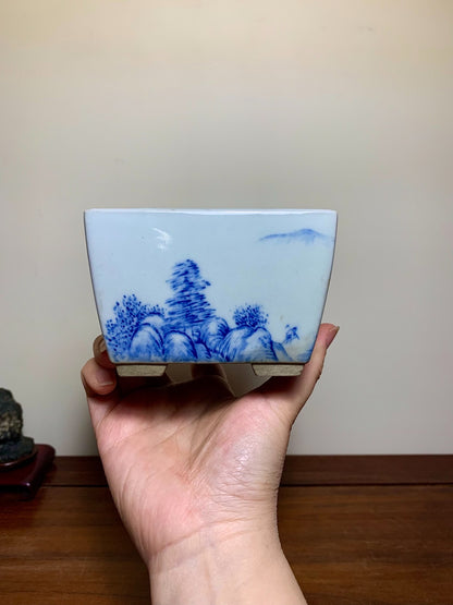 Blue-And-White Painted Landscape, Square Japanese Pot by Marutou