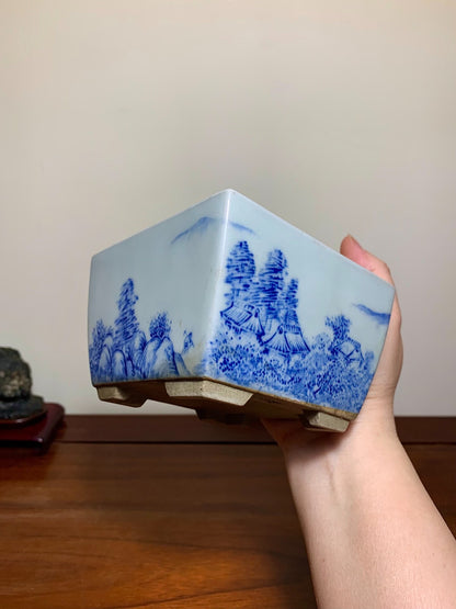 Blue-And-White Painted Landscape, Square Japanese Pot by Marutou
