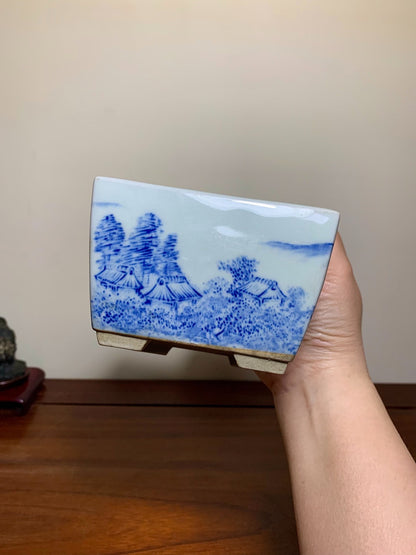 Blue-And-White Painted Landscape, Square Japanese Pot by Marutou