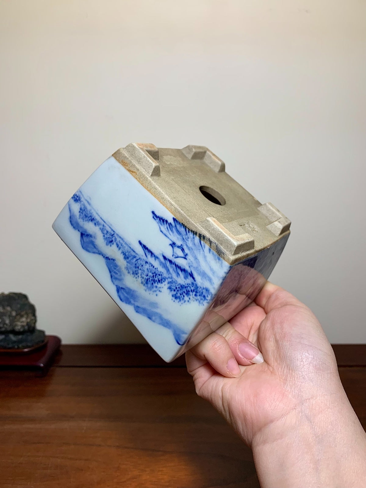 Blue-And-White Painted Landscape, Square Japanese Pot by Marutou