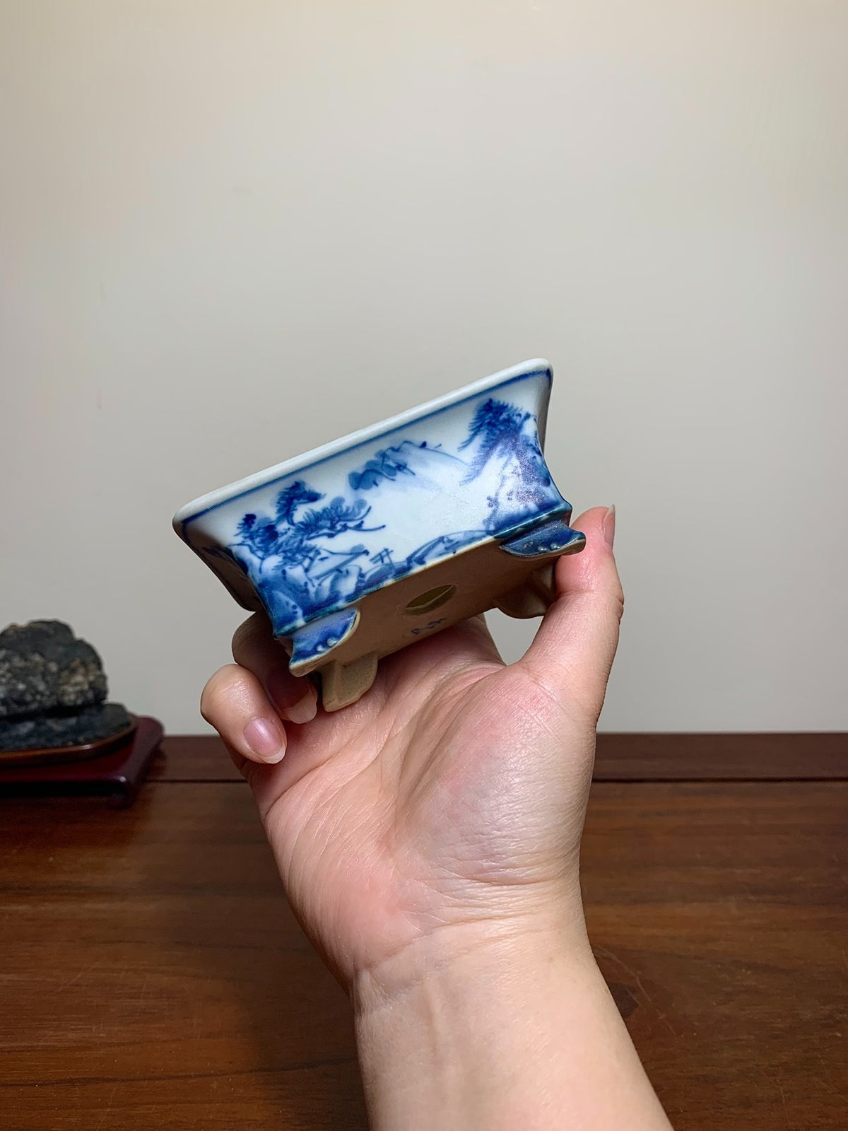 Blue-And-White Outer Rim Cloud Feet Rectangular Japanese Flower Pot by Mizuyama