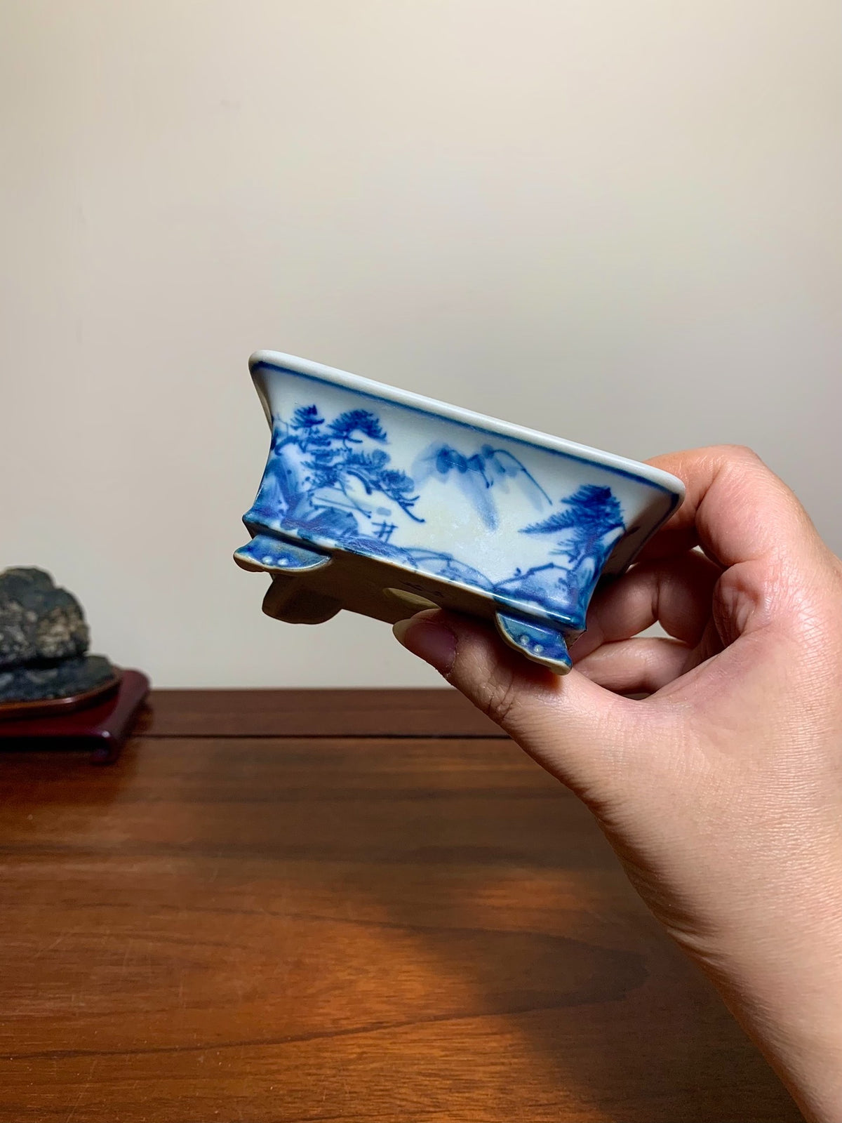 Blue-And-White Outer Rim Cloud Feet Rectangular Japanese Flower Pot by Mizuyama