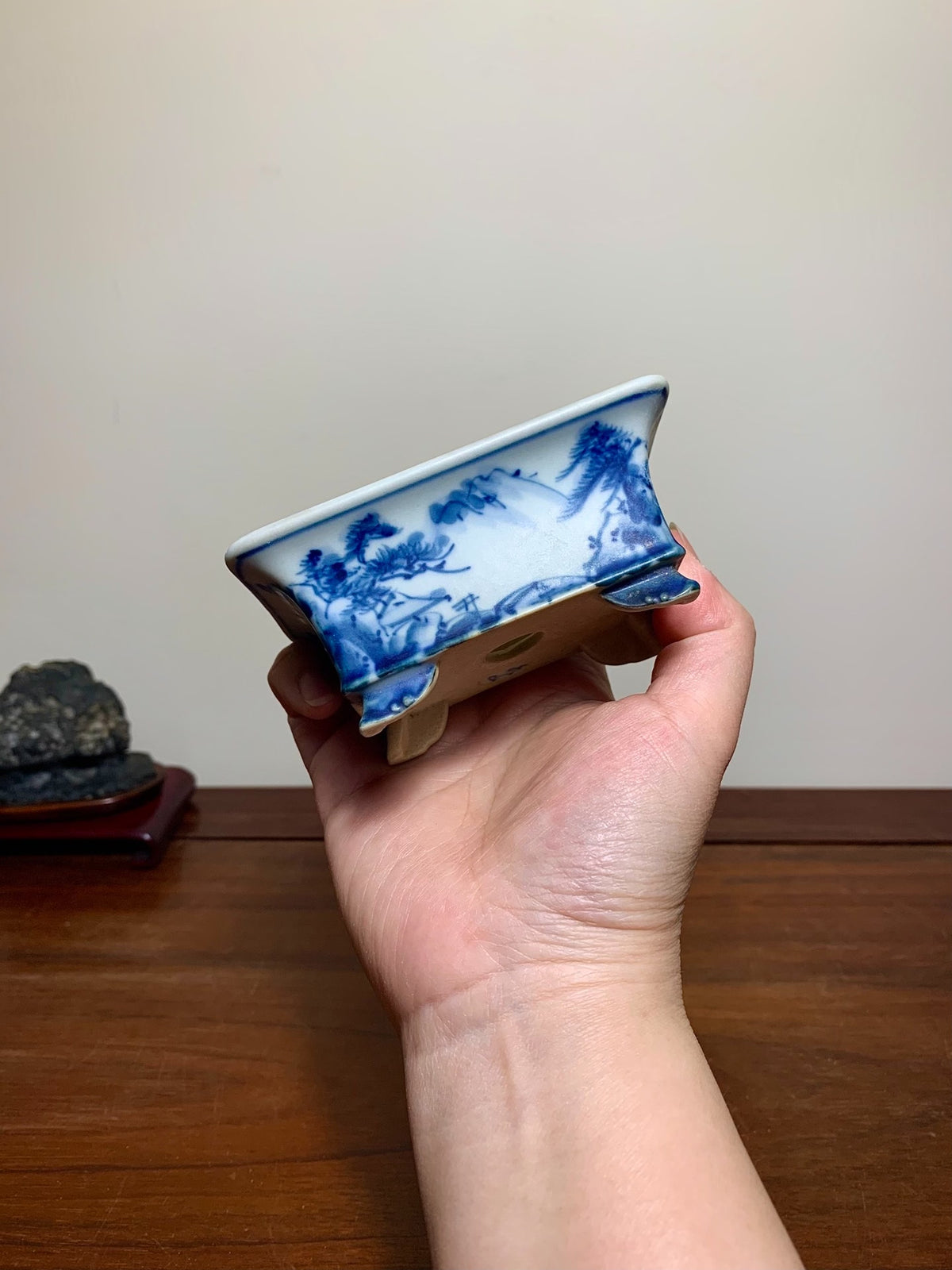Blue-And-White Outer Rim Cloud Feet Rectangular Japanese Flower Pot by Mizuyama