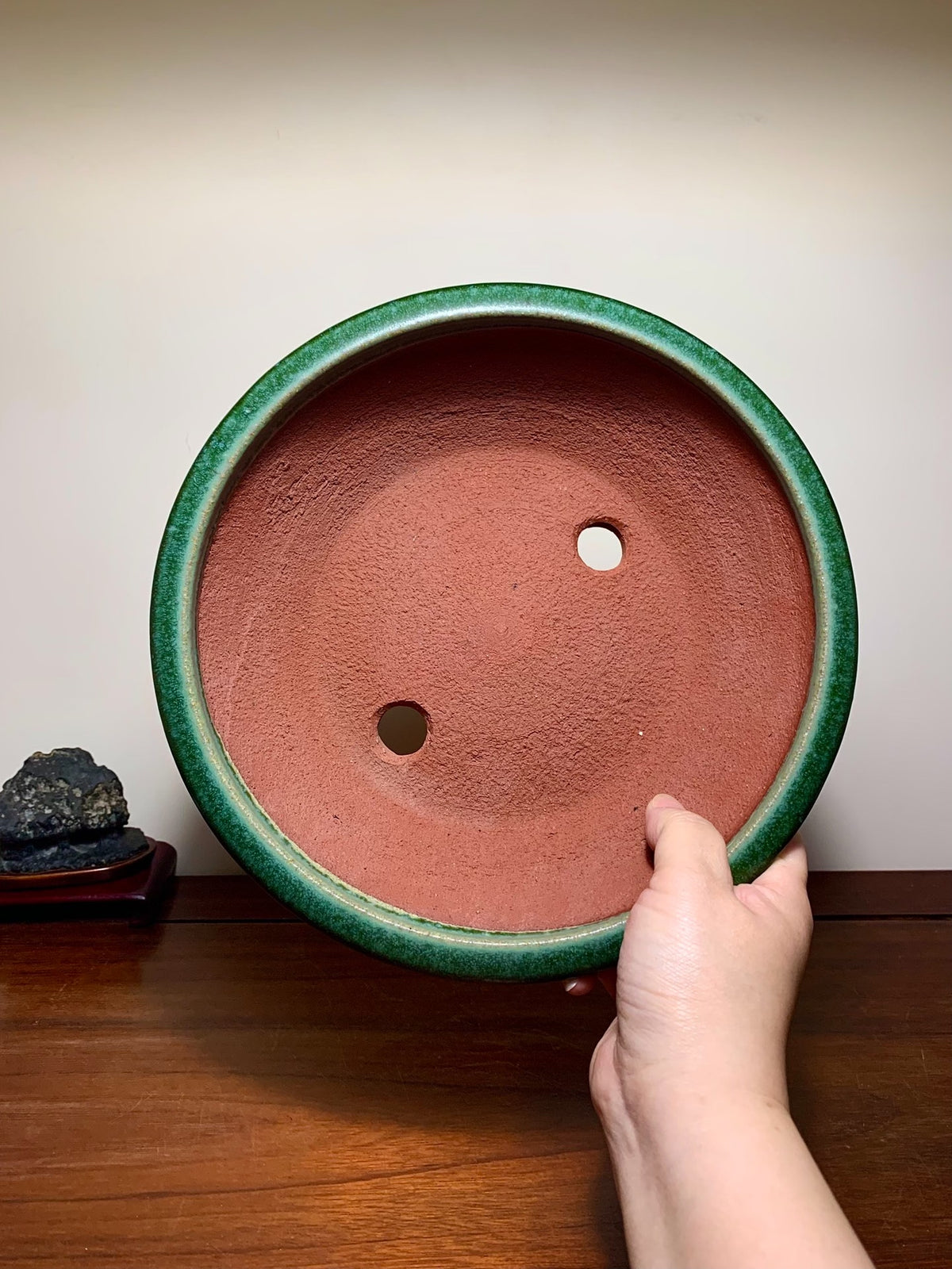 Sen Dai Yōzan Green Glaze Kiln-Transmuted Cloud Feet Conical Japanese Flower Pot
