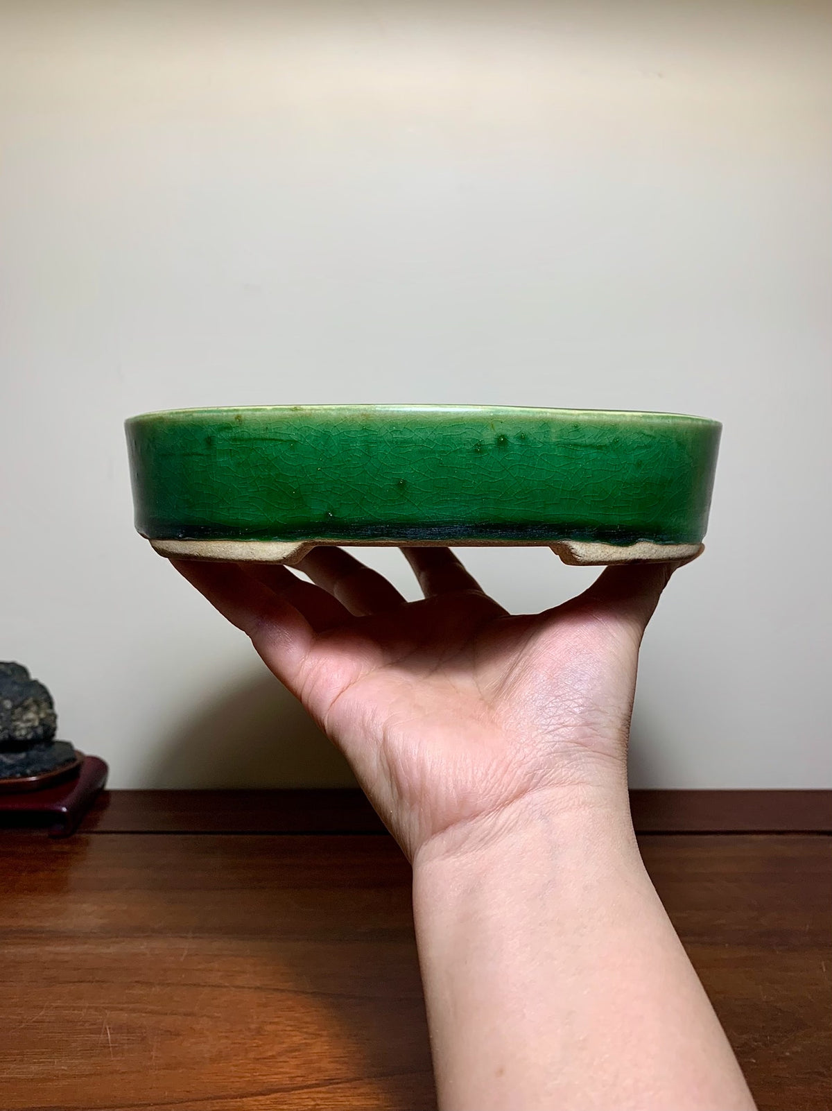 春松 Classic Green Glaze Kiln-Transmuted Oval Maple Pot