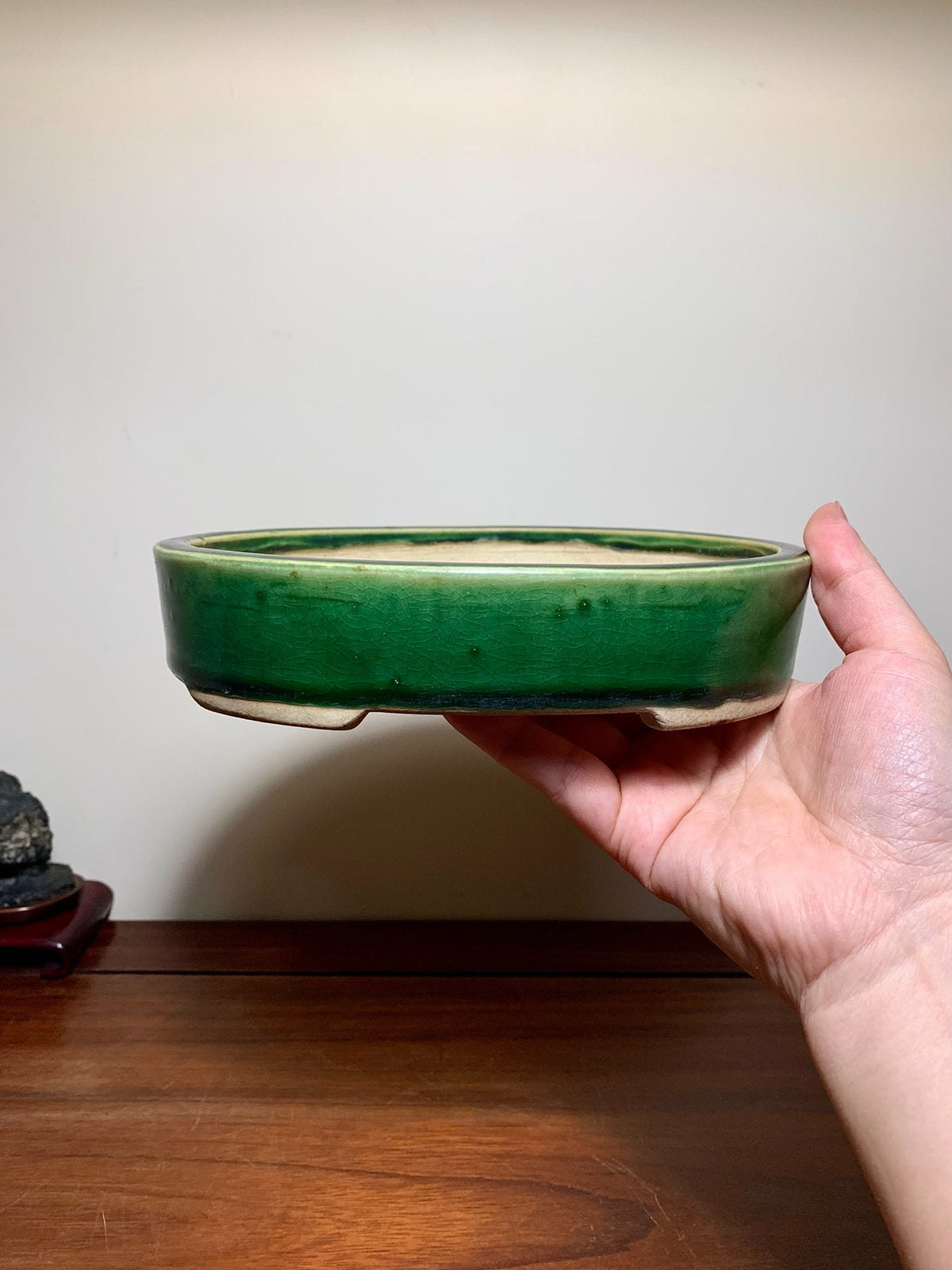 春松 Classic Green Glaze Kiln-Transmuted Oval Maple Pot