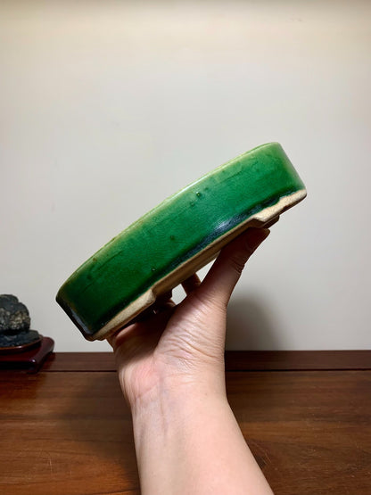 春松 Classic Green Glaze Kiln-Transmuted Oval Maple Pot