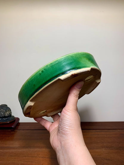 春松 Classic Green Glaze Kiln-Transmuted Oval Maple Pot