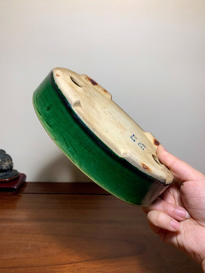 春松 Classic Green Glaze Kiln-Transmuted Oval Maple Pot
